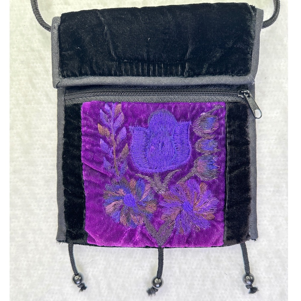 Unbranded Crossbody Bag Womens Small Purple Black Velvet Floral Embroidered Boho